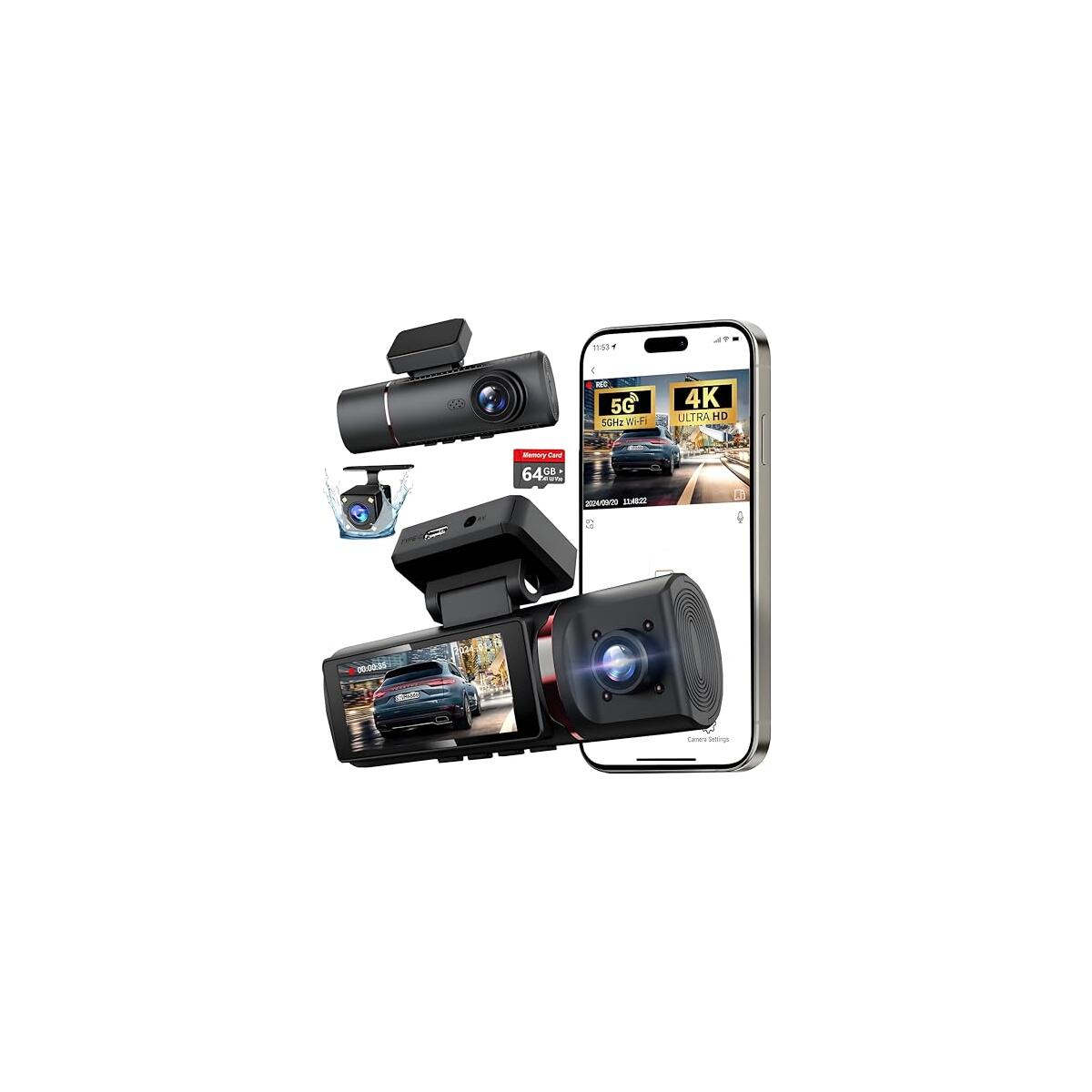 3 Channel 4K Dash Cam Front and Rear Inside, Built-in 5G WiFi,4K+1080P+1080P Dash Camera with 64GB Card,3.16&rdquo; IPS Screen,Loop Recording, G-Sensor, 24H Parking Monitor, Night Vision(Rose Gold)