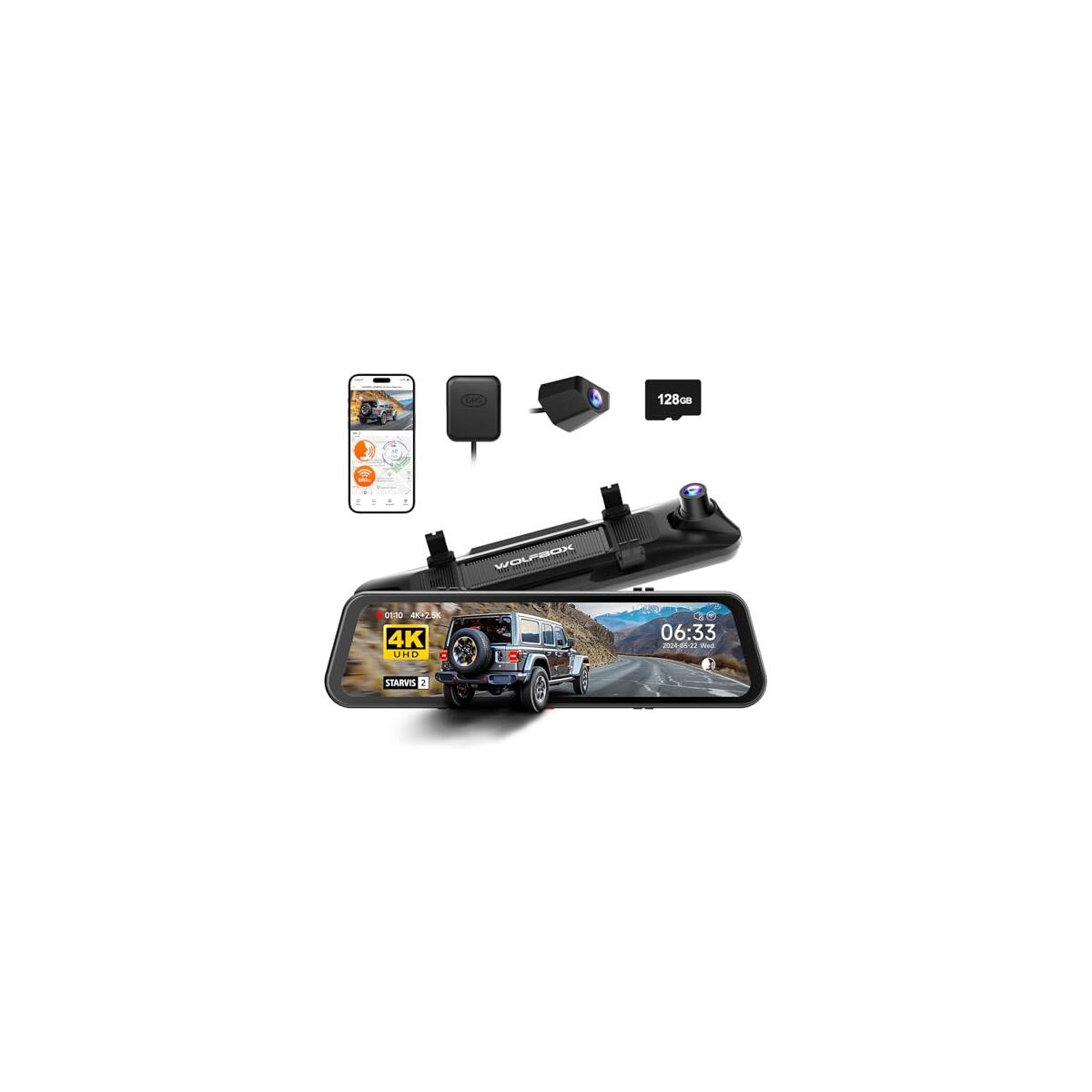WOLFBOX G900 PRO Mirror Dash Cam with 8MP STARVIS IMX678, 12 inches Rear View Mirror Camera with Front 4K and Rear 2.5K, Included 128GB Card, Voice Control, 5.8GHz WiFi, Loop Recording, G-Sensor & GPS
