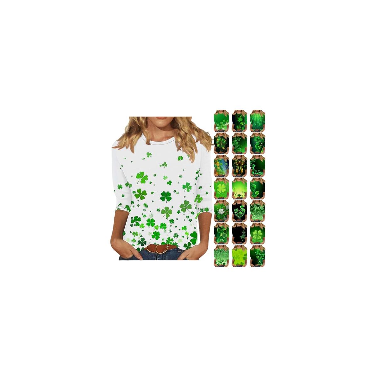 St Patricks Day Shirt Women Green Shamrock Irish Shirts 3/4 Length Sleeve Print Tops Funny Graphic Tshirts