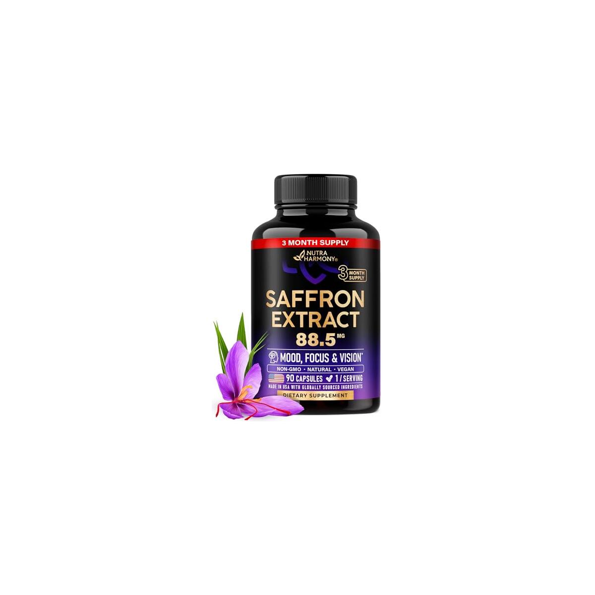 Natural Saffron Supplements - Pure Saffron Extract 88.5 mg - Made in USA - Mood | Focus | Vision | Energy Support - Eye Health for Women & Men - NonGMO Vegan Pills - 90 Powder Capsules, 3 Month Supply