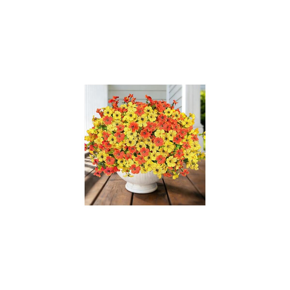 Artificial Flowers for Outdoor Indoor Decoration, Faux Flower Daisy with Eucalyptus Leaves Fake Plants Dried Flower Greenery Boxwood Porch Patio, 12 Bundles (Orange Yellow)