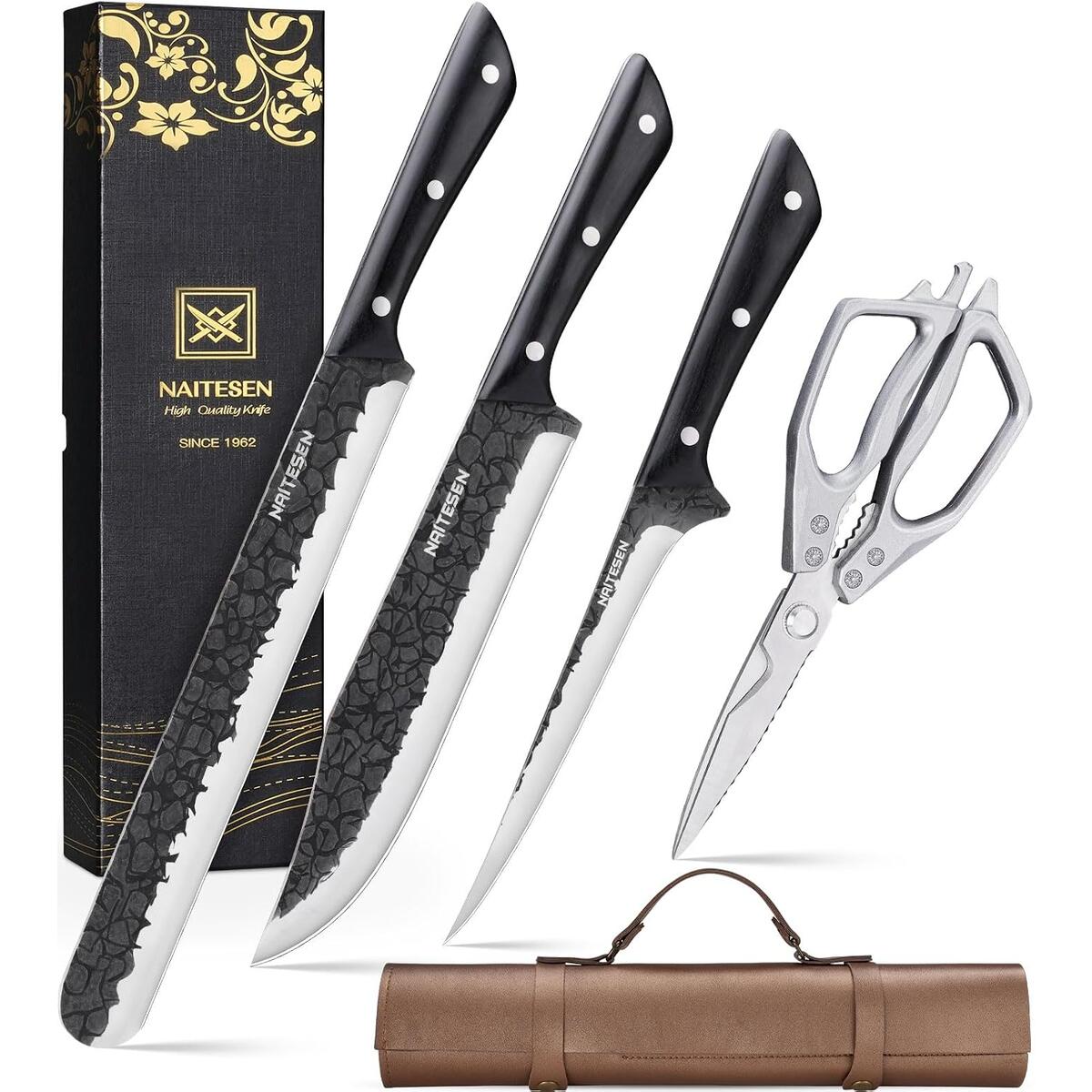 Naitesen 4PCS BBQ Brisket Knife Set With Roll Bag, Forged Butcher Knife Set