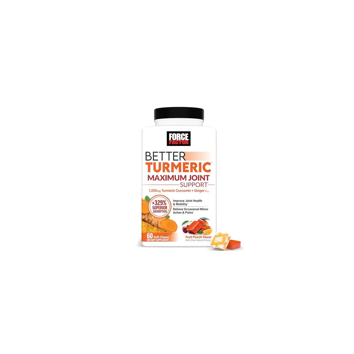 Force Factor Better Turmeric Maximum Joint Support, 1075mg Curcumin with Ginger to Support Mobility, Flexibility & Comfort, Chews More Convenient Than Turmeric Gummies, Fruit Punch, 60 Soft Chews
