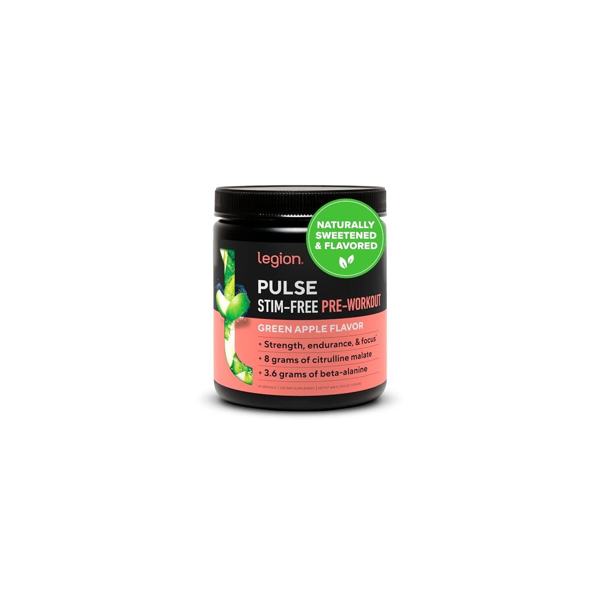 LEGION Pulse Pre Workout Supplement - All Natural Nitric Oxide Preworkout Drink to Boost Energy, Creatine Free, Naturally Sweetened, Beta Alanine, Citrulline, Alpha GPC (Caffeine Free Green Apple)