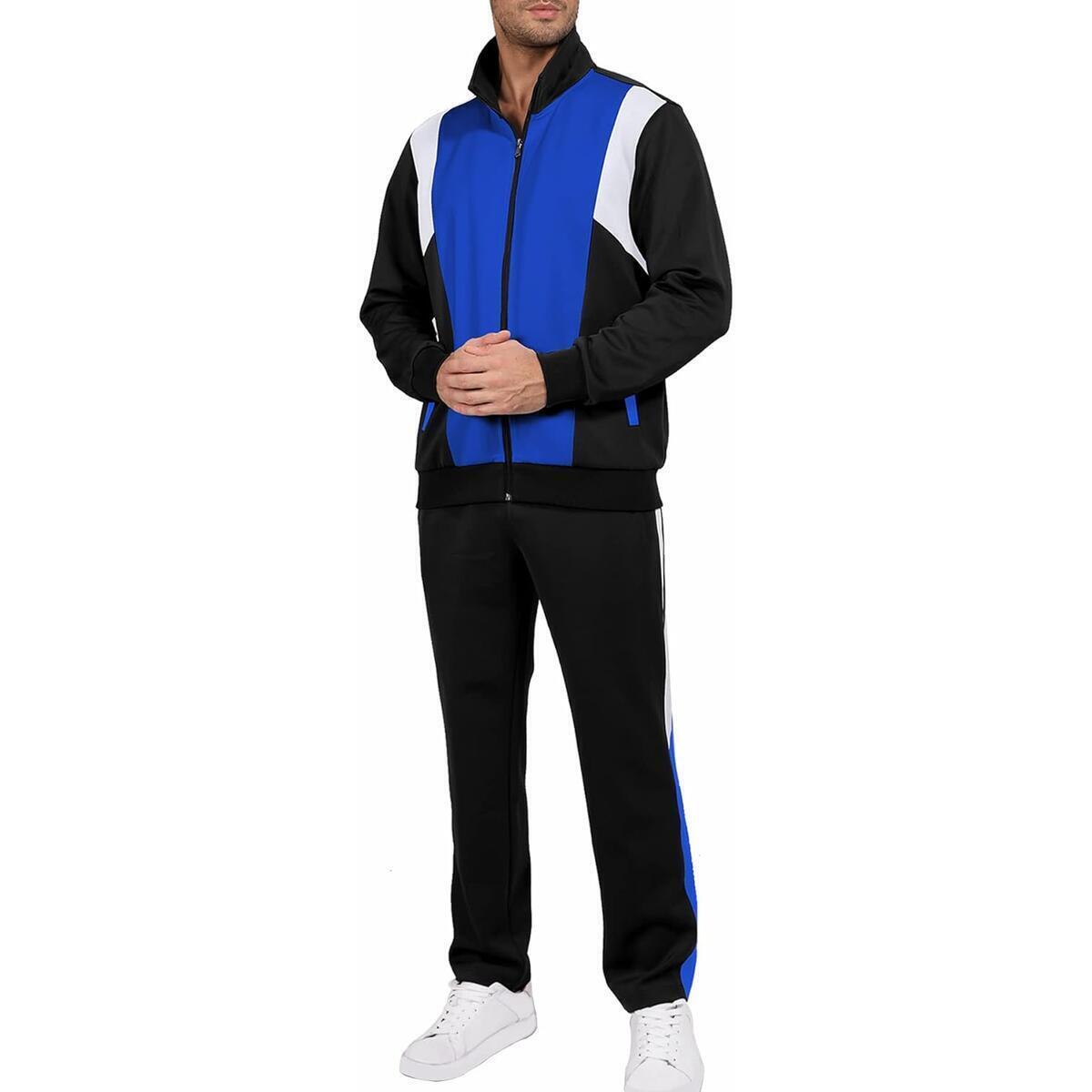 Men's Sports Tracksuit Sets Casual Full Zip Jogging Sweat Suits Men 2 Piece Set Black Blue Small