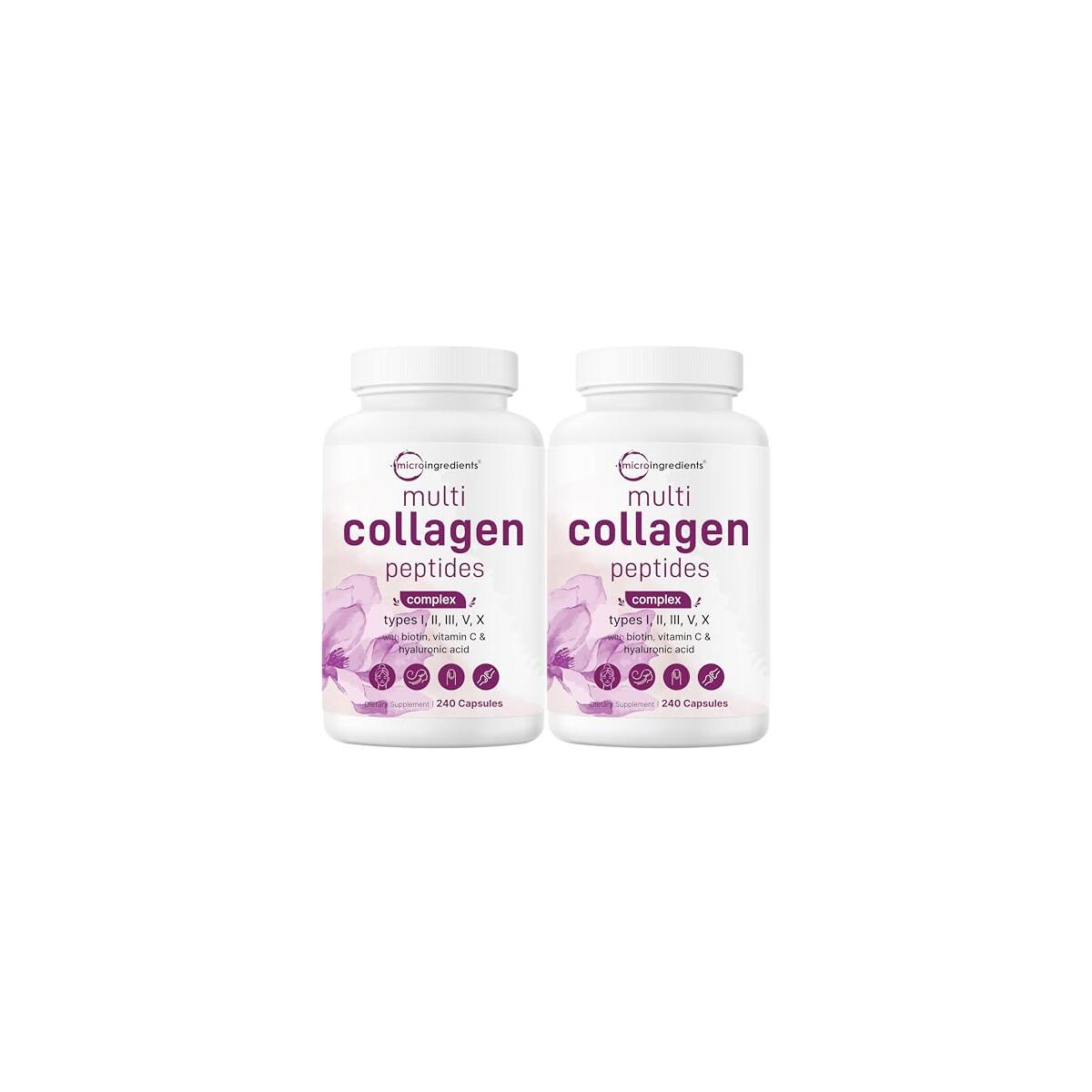 Micro Ingredients 2 Pack Multi Collagen Pills for Women & Men, 480 Capsules | Type I, II, III, V, X | Hydrolyzed Peptides with Biotin, Hyaluronic Acid, & Fat Soluble Vitamin C Complex | Filler Free