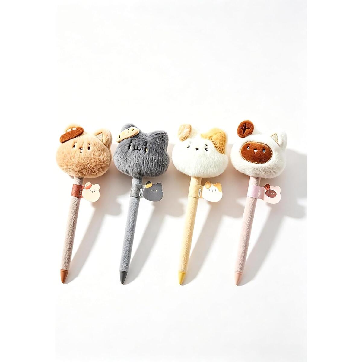 4 Pcs Plush Cat Retractable Gel Pens 0.5mm Black Ink