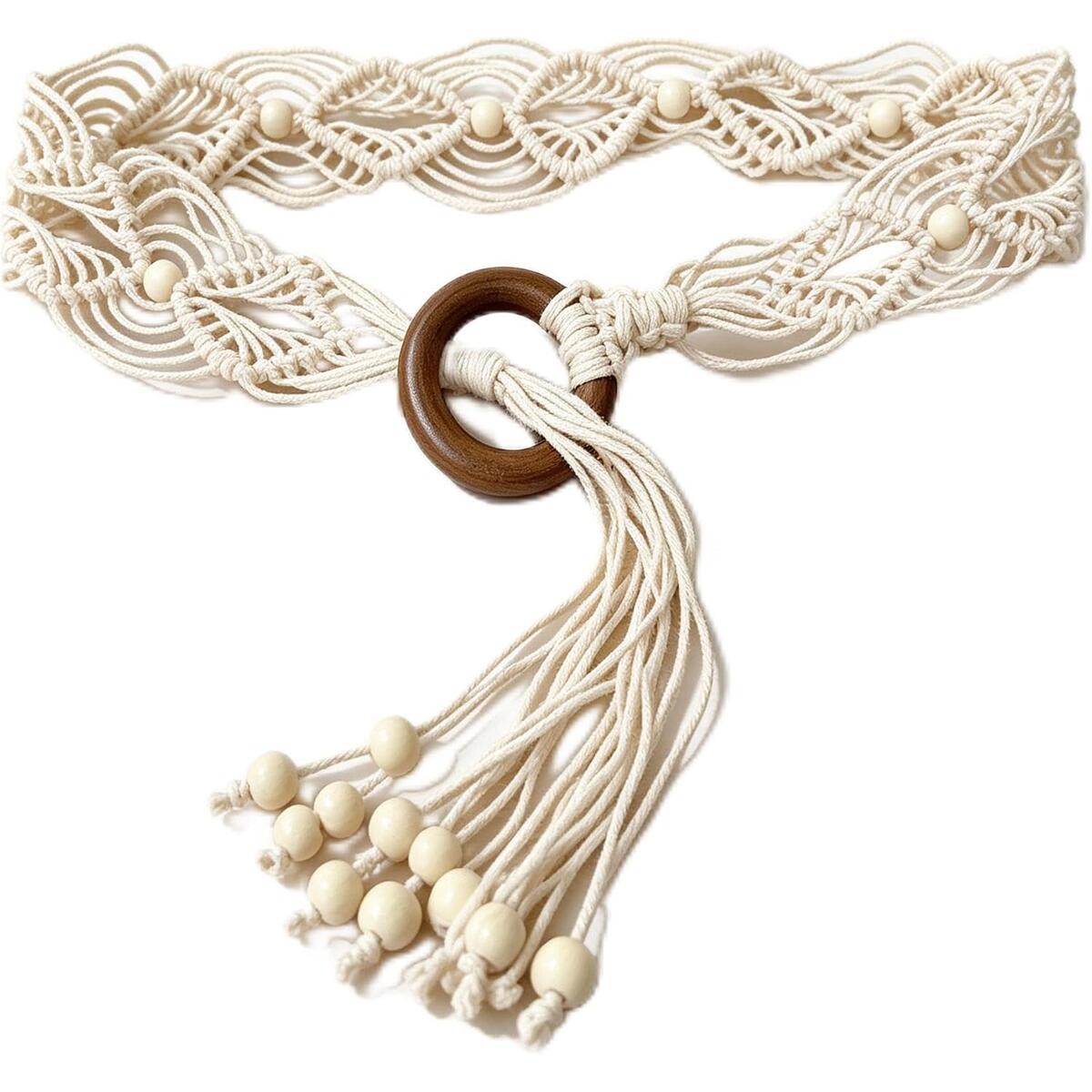 Boho Macrame Waist Belt with Wooden Ring Buckle & Tassel