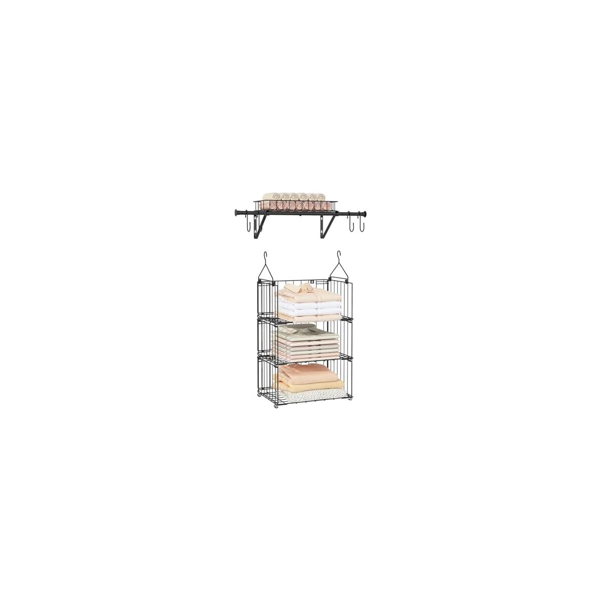 BUKFEN 3 Tier Hanging Closet Organizer, Wall Mounted Wire Storage Shelf with 4 Hooks, Foldable Stackable Organizer for Laundry Room, Bedroom, Bathroom, 1 Pack