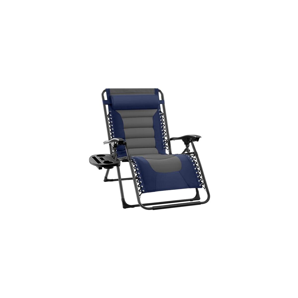 Best Choice Products Oversized Padded Zero Gravity Chair, Folding Outdoor Patio Recliner, XL Anti Gravity Lounger for Backyard w/Headrest, Cup Holder, Side Tray, Polyester Mesh - Navy/Gray