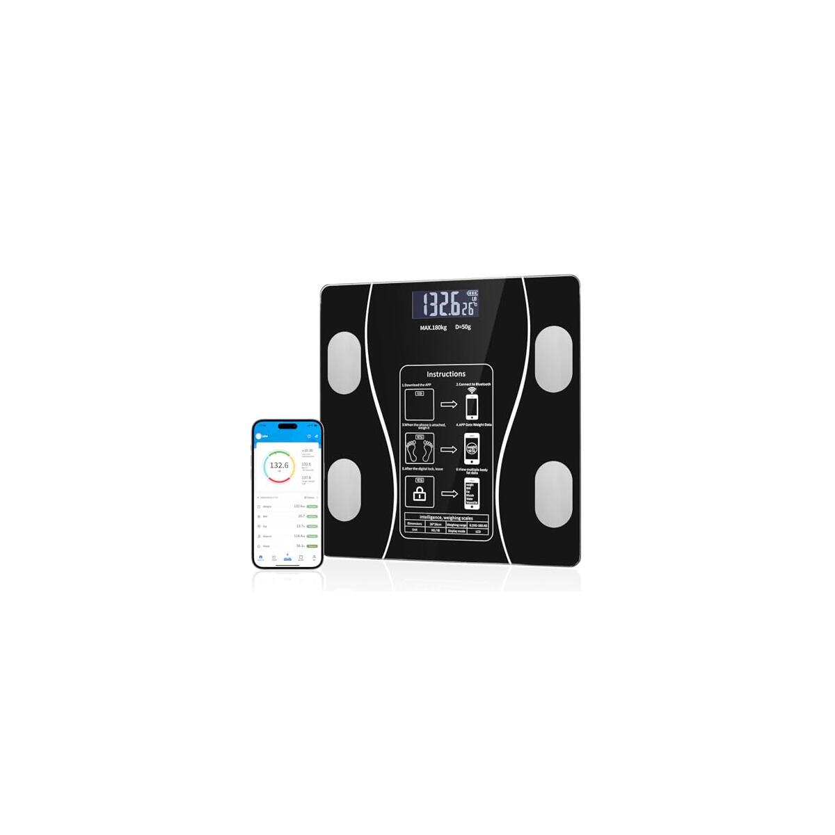 Stylish LED Display Body Fat Scale, Weight Scale, Bluetooth Smart Scale with Health app Integration, Body Fat and Health Monitor with app sync, Suitable for Bathroom (Black)