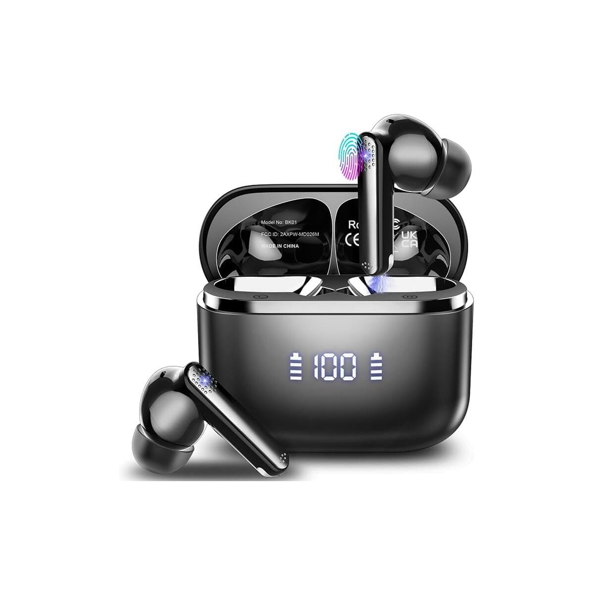 Wireless Earbuds, Bluetooth 5.3 Headphones Stereo Bass with Noise Cancelling Mic, 48Hrs Playtime in Ear Ear Buds with LED Power Display Charging Case, IPX7 Waterproof Earphones for Android iOS Sports