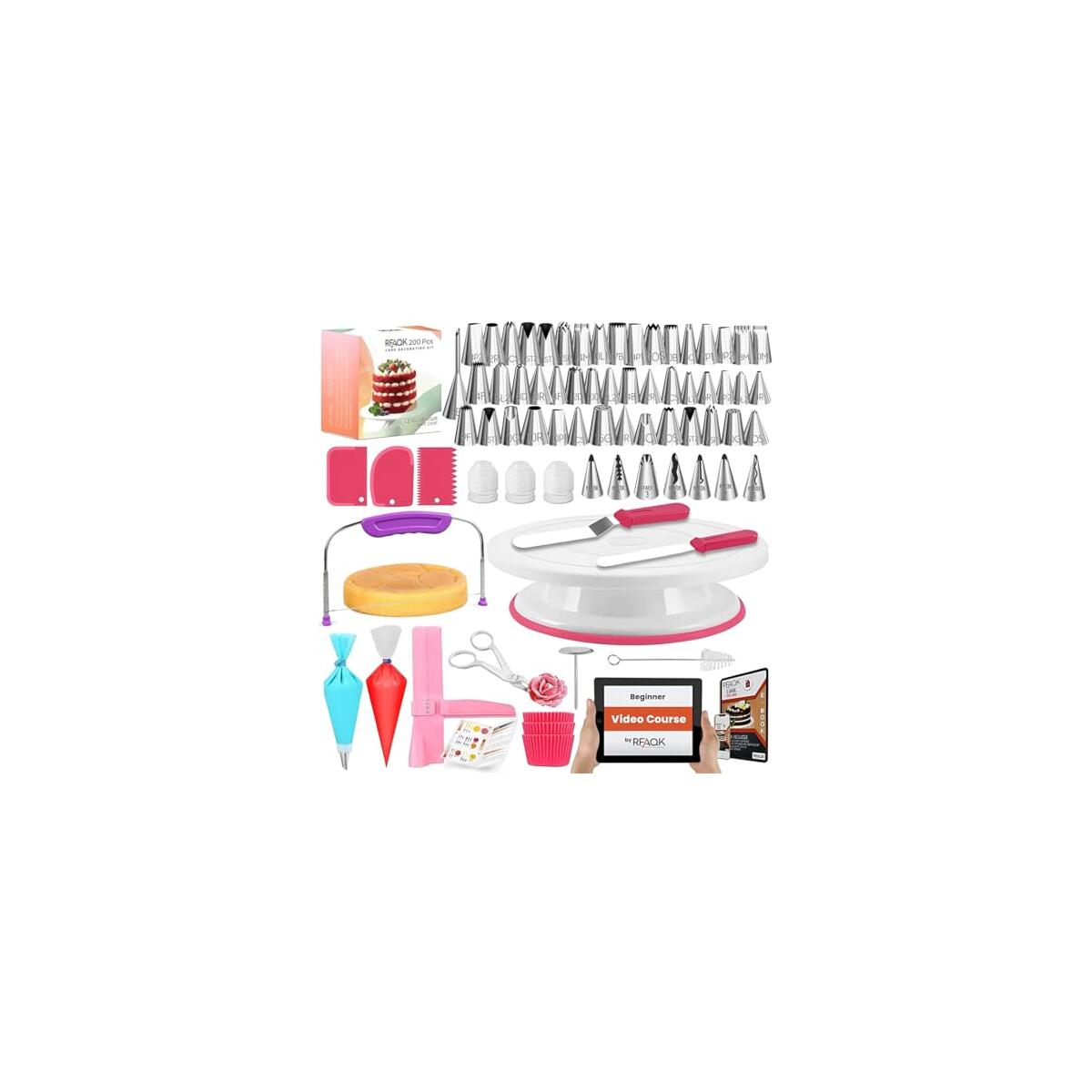 RFAQK 200PCs Cake Decorating Kit with Cake Turntable & Leveler, Baking Supplies Gift Includes 110+1 Piping Bags,55 Icing Tips,2 Frosting Spatulas, Adjustable Scraper, Video Tutorial, Booklet & more