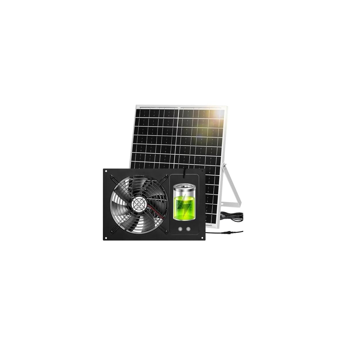 25W Solar-Powered Vent Fan with Battery, Solar Exhaust & Intake Fan for Chicken Coop, Shed, and Greenhouse Cooling Ventilation (1, Black)