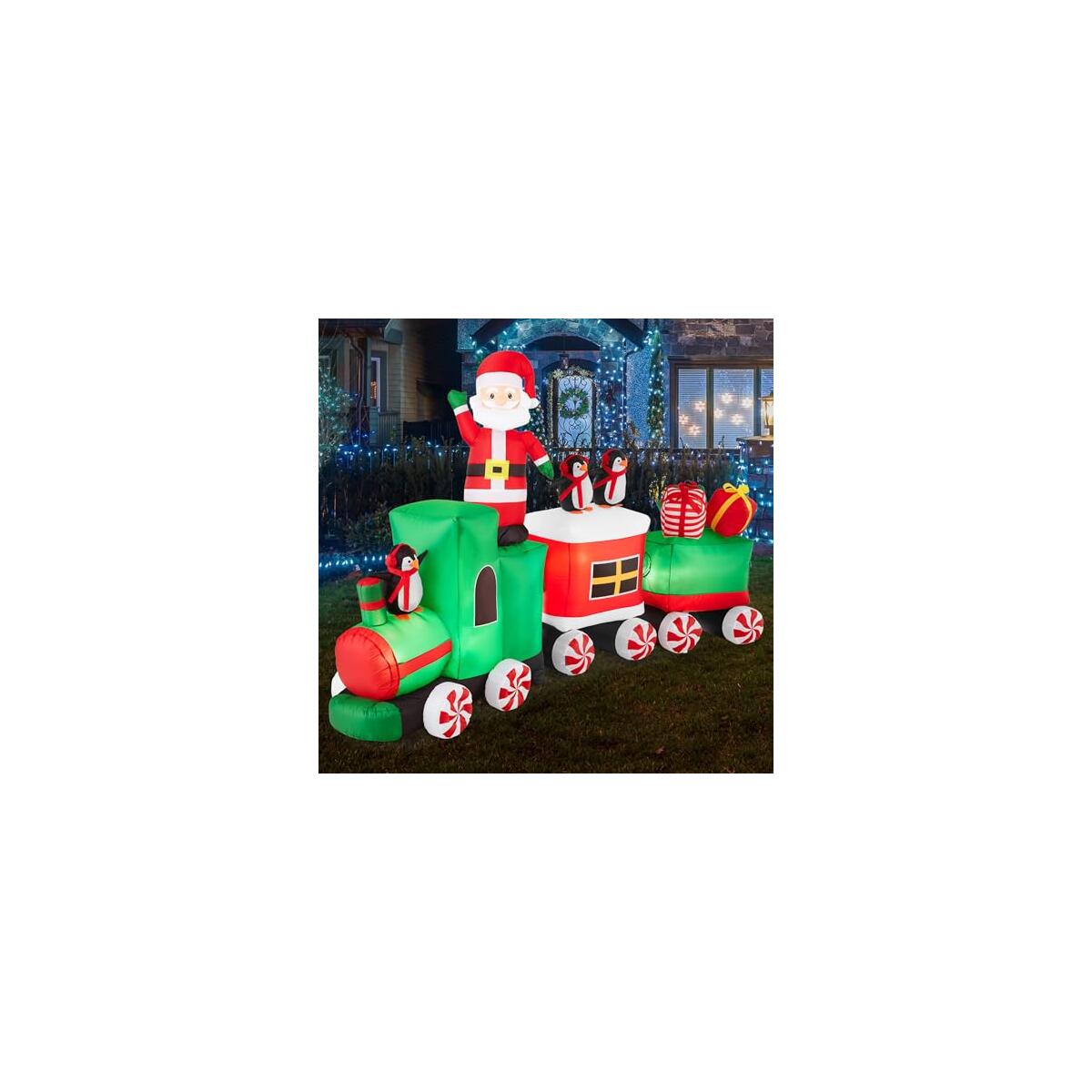 Best Choice Products 8.5 x 5ft Lighted Inflatable Christmas Train & Animated Santa, Large Outdoor Holiday Decor w/LED Lights, Penguins, Candy Cane Wheels, Gifts