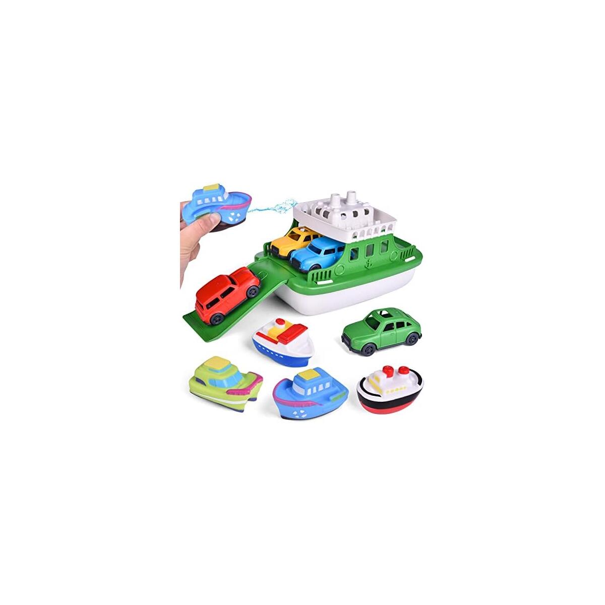 Toy Boat Bath Toys for Toddlers with 4 Mini Car Toys and 4 Bath Boat Squirters, Kids Ferry Boat for Bathtub Bathroom Pool Beach Toys