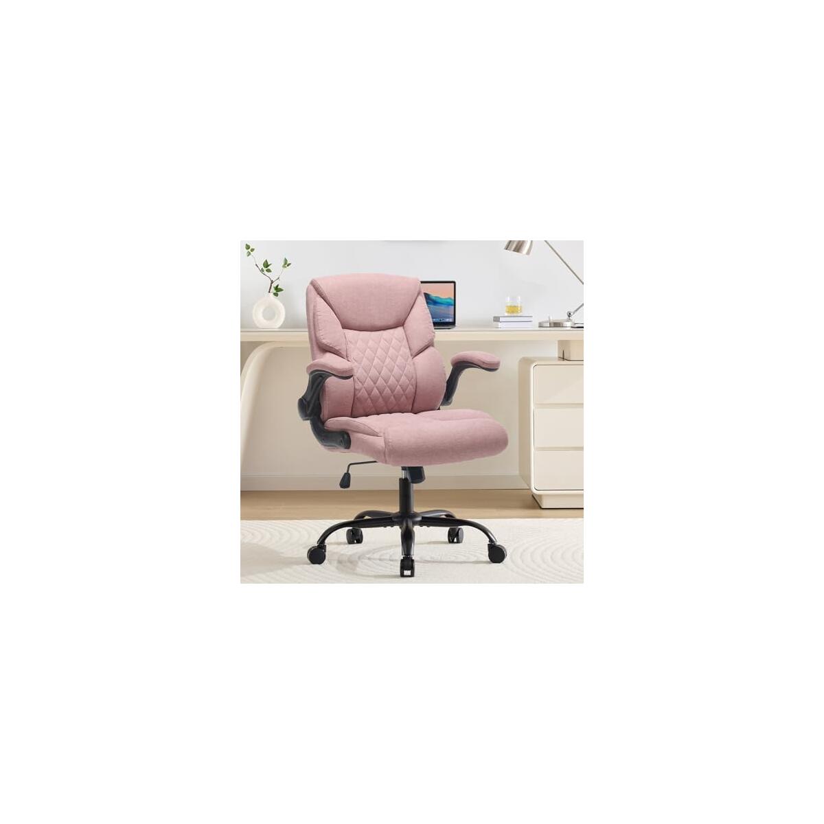 Fabric Padded Home Office Chair Cloth Office Chair Comfortable Desk Chairs with Wheels Flip-up Arm Rest, Mid Back Small Computer Chair, Adjustable Height, Swivel, 250lb Capacity, Pink