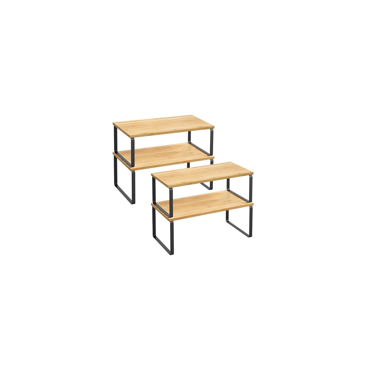 SONGMICS Cabinet Organizer Shelf, Set of 4 Kitchen Counter Shelves, Kitchen Storage, Spice Rack, Stackable, Expandable, Metal and Engineered Wood, Ink Black and Natural Beige UKCS210B01