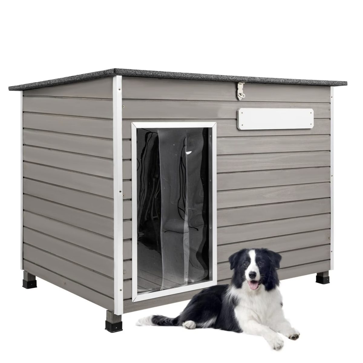 PETSCOSSET Wooden Dog House with Raised Feet, Dog Kennel with Anti-Chewing Iron Frames for Outdoor & Indoor, Gray