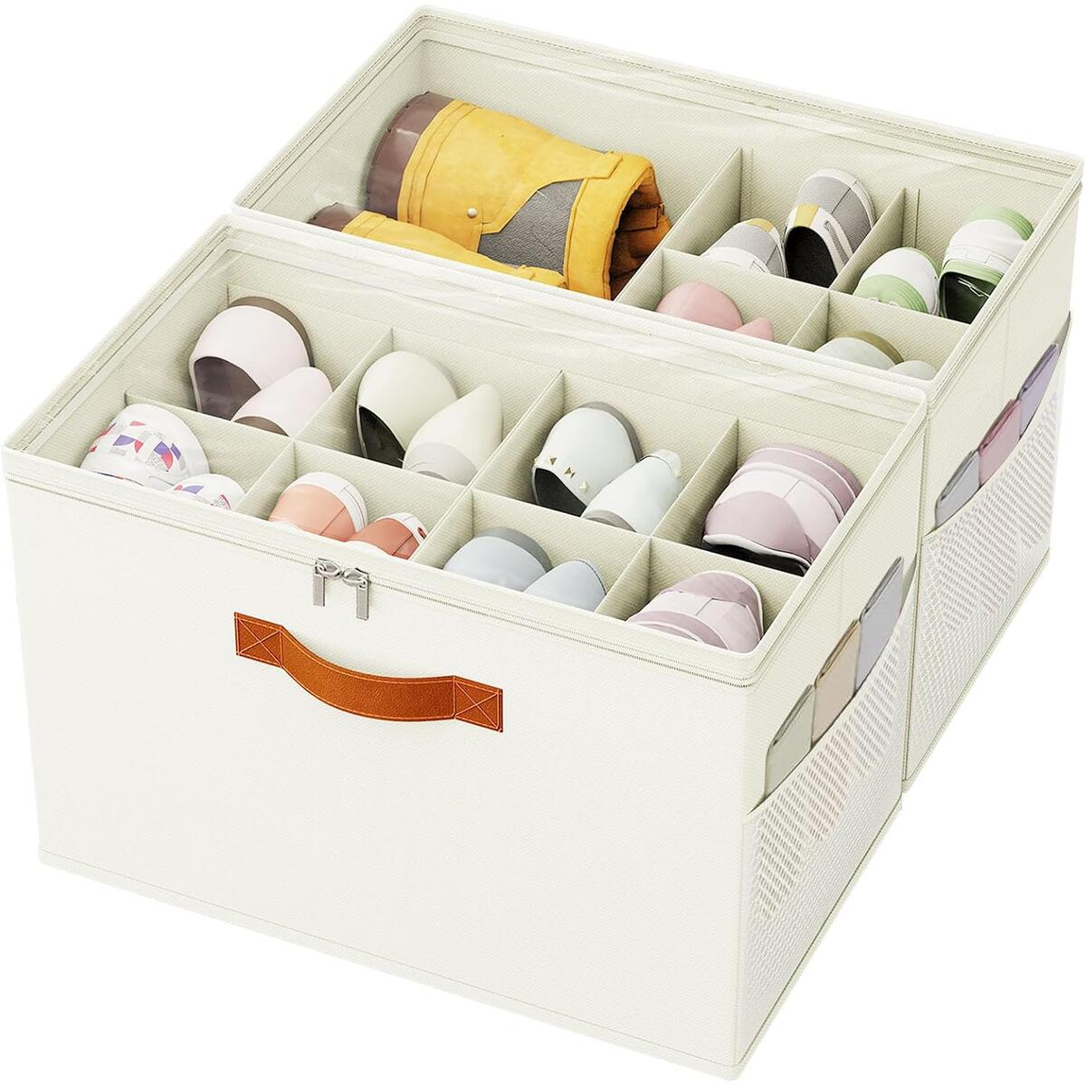 Shoe Organizer for Closet, 2-Pack Foldable Shoe Storage Box with Adjustable Dividers & Clear Cover, Fits 16 Pairs, Beige, Durable and Space-Saving