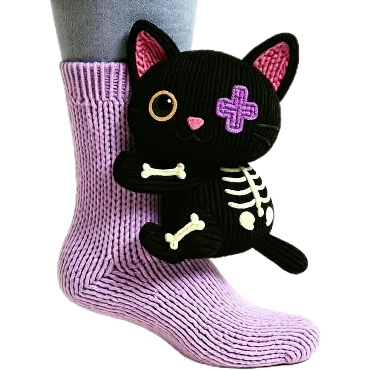 3D Knitted Black Cat Crew Socks with Skeleton Design