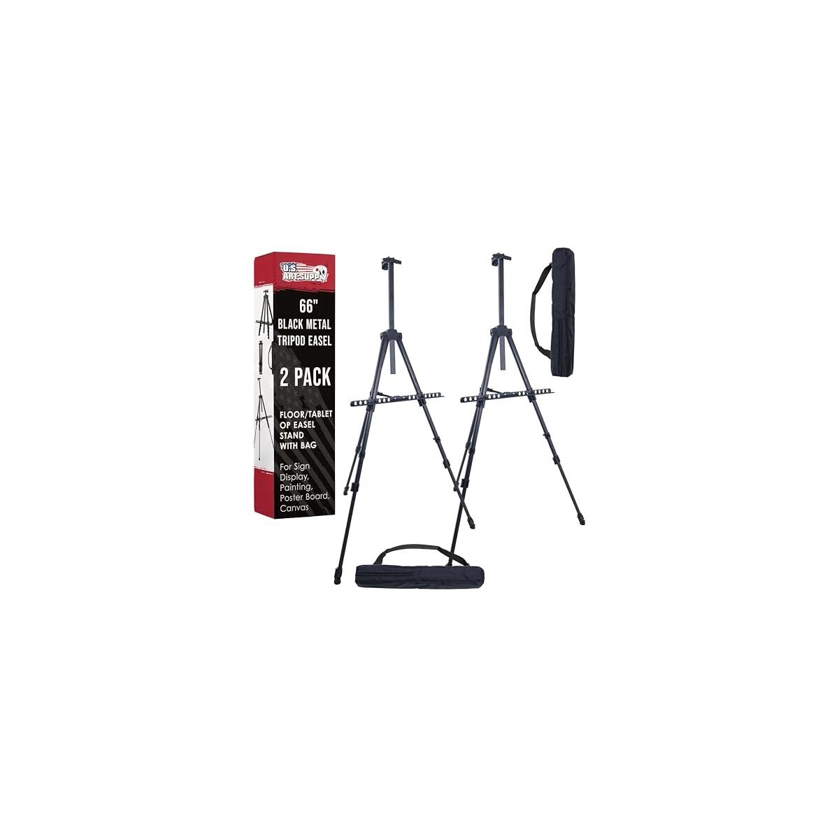 U.S. Art Supply 66" Black Metal Tripod Easel Display (2 Pack) - Adjustable 20"- 5.5', Holds 32" Canvas - Floor/Tabletop Easel Stand, for Sign Display, Painting, Poster Board, Canvas - Portable Bag