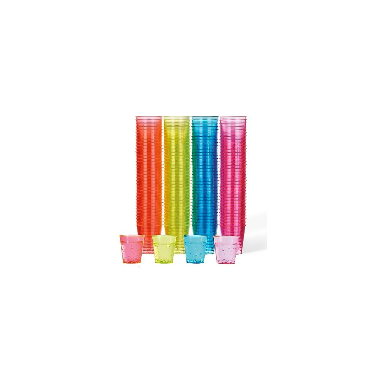 MATANA 150 Neon Plastic Shot Glasses (1oz), Party Shot Cups for Wine Tasting, Condiments, Sauce, Jello Shots & More - Sturdy & Reusable