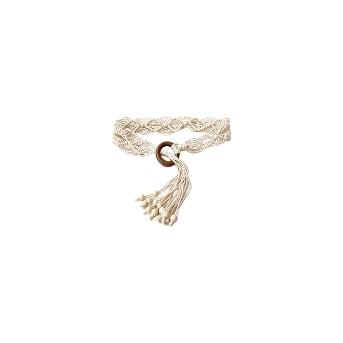 Boho Macrame Waist Belt with Wooden Ring Buckle & Tassel | Adjustable 130 cm Length, Handcrafted Woven Cord, Wooden Bead Accents, Fits 61-96.5 cm Waist, Versatile Dress Belt