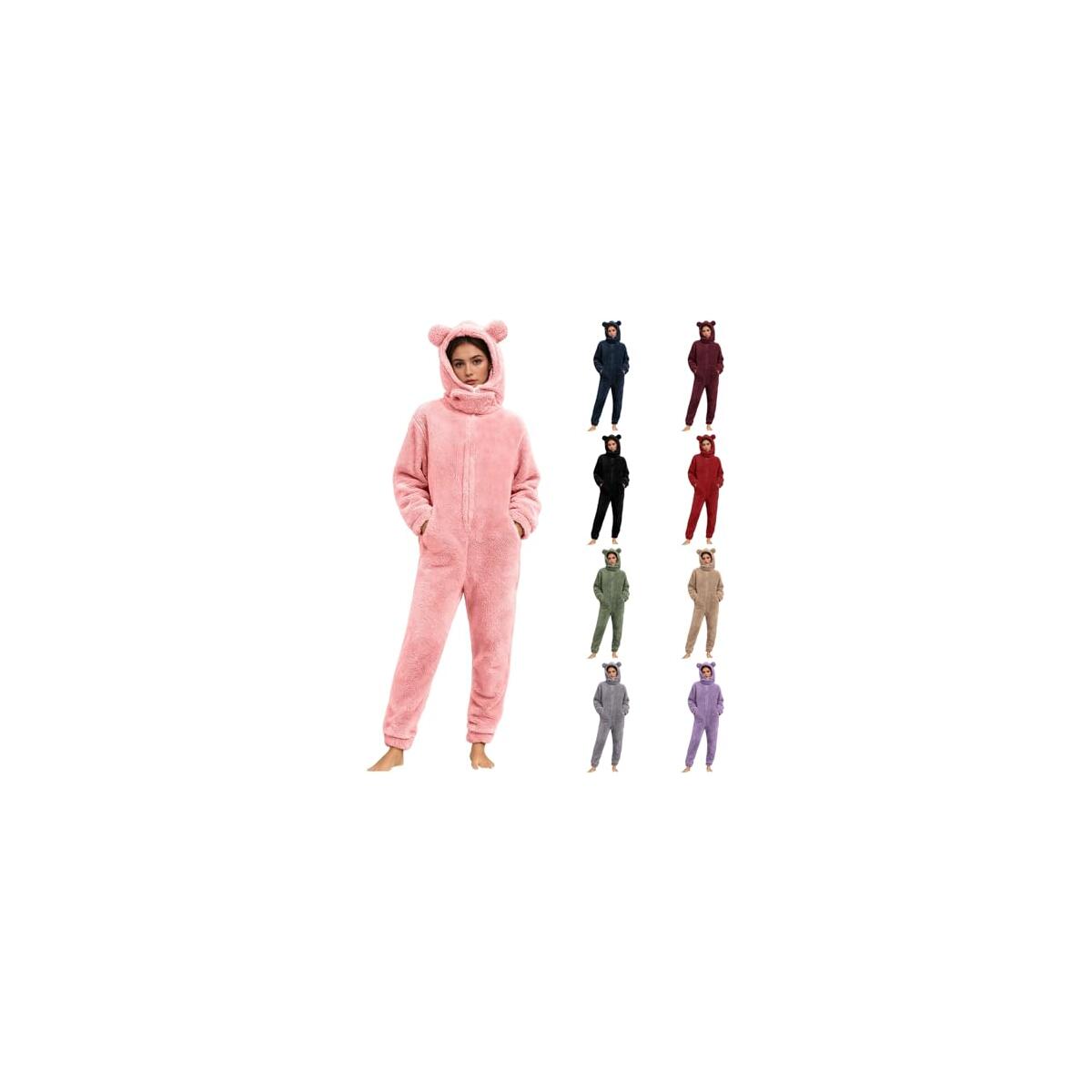 Onesie Pajamas for Women One Piece Fuzzy Sherpa Jumpsuit Cute Warm Fleece Hoodie Romper Winter Adult