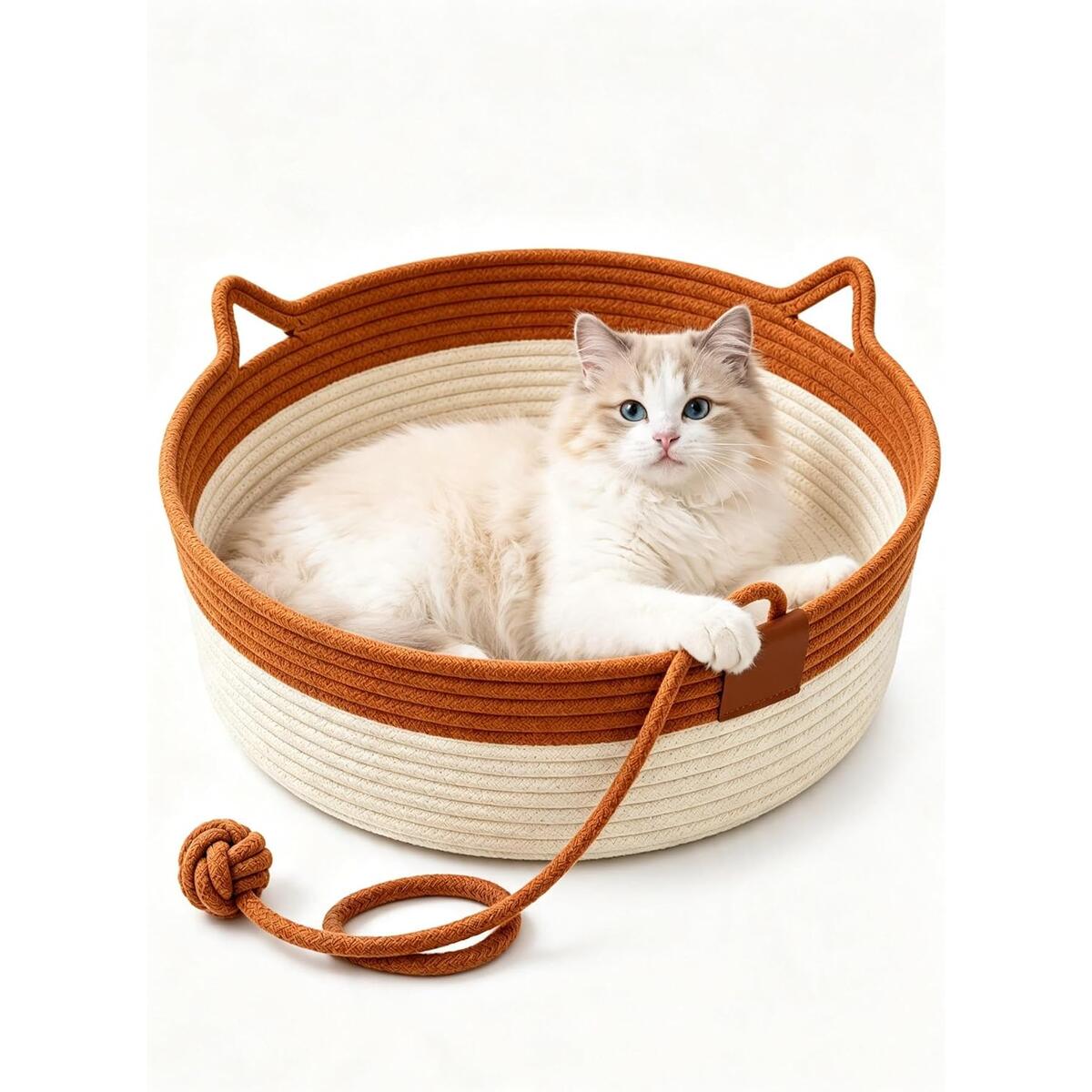 Handwoven Cotton Rope Cat Basket Bed with Hanging Ball, Brown M