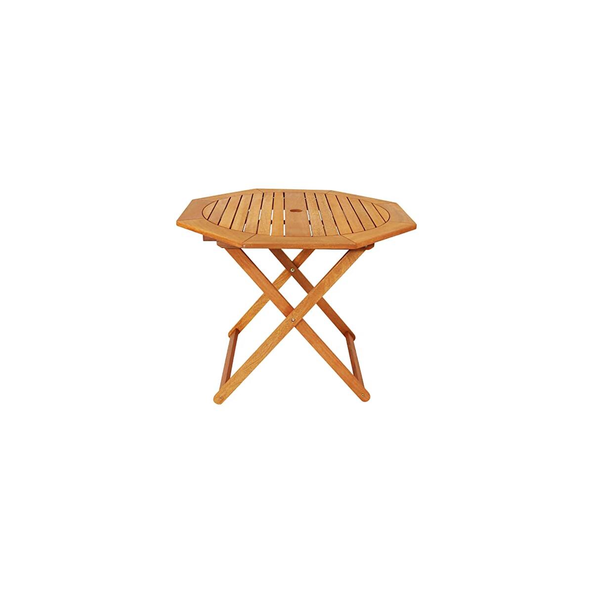 Sunnydaze Folding Meranti Wood Outdoor Dining Table with Umbrella Hole - Foldable Teak Patio Table - Teak Oil Finish - Octagon