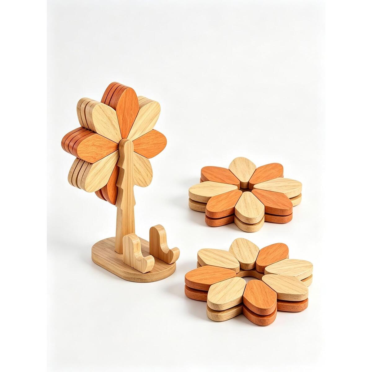 5 Piece Wooden Sunflower Trivets for Hot Dishes with Tree Stand