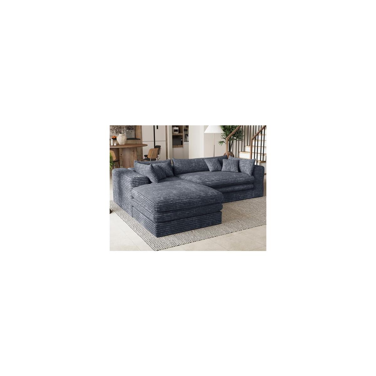 Belffin Plush Corduroy L Shaped Couch with Deep Seat Boneless Modular Sectional Cloud Boneless Couches for Living Room. Left Facing Chaise. Grey Sofa