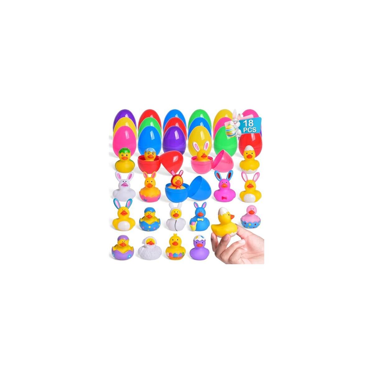 18 Pcs Prefilled Easter Eggs with Rubber Duck Toys for Kids, Bright Colorful Easter Eggs Filled with Assorted Bunny Rabbit Duckies for Fun Bath Toys, Easter Basket Stuffers and Party Favors