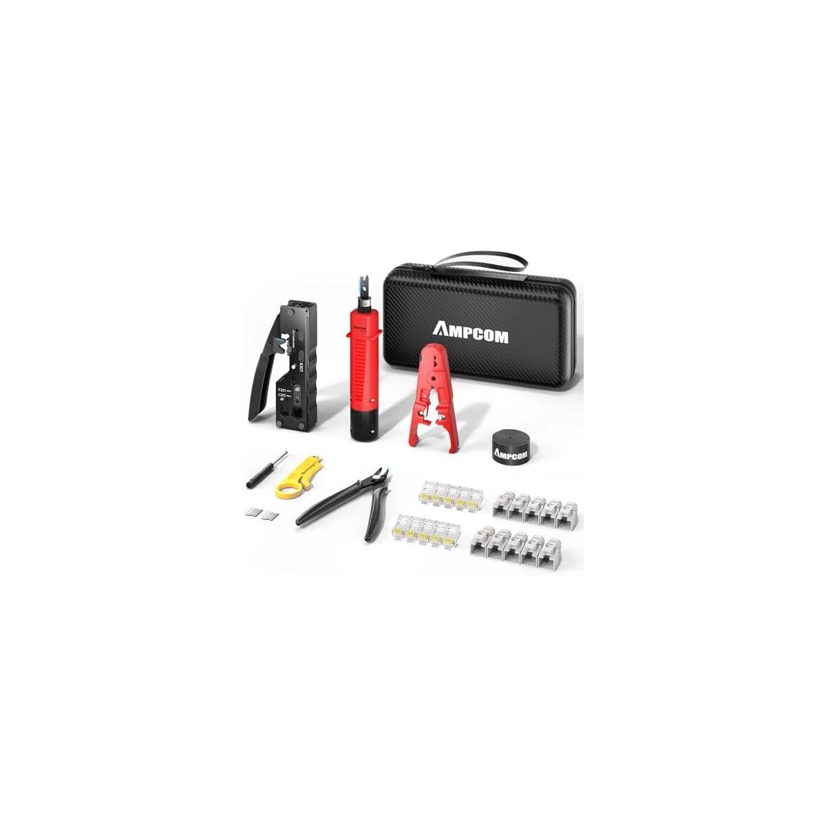 AMPCOM Ethernet Crimping Tool Kit 9-in-1 Pass Through RJ45/RJ11 Network Tool Kit for STP Cat7/6A UTP Cat6/5E/5 RJ45 Connectors with 110 Punch Down Tool Wire Stripper in Portable Waterproof Bag
