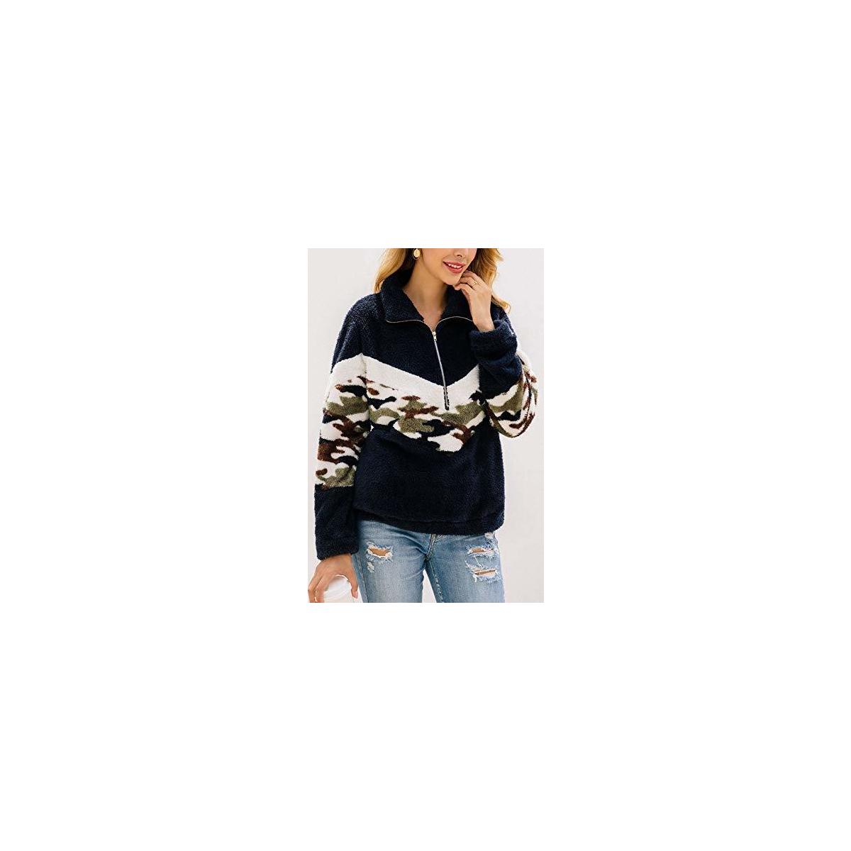 Womens Long Sleeve Camo Print Patchwork Fleece Pullover Tops Fluffy Jacket With Coupon - RebateKey