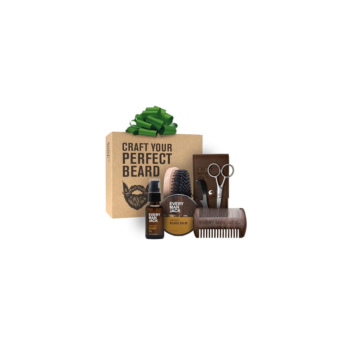 Every Man Jack Beard Grooming Kit for Men - Includes Sandalwood Beard Oil & Beard Balm, Beard Brush, Wooden Dual-sided Comb, Trimming Scissors and Mustache Comb