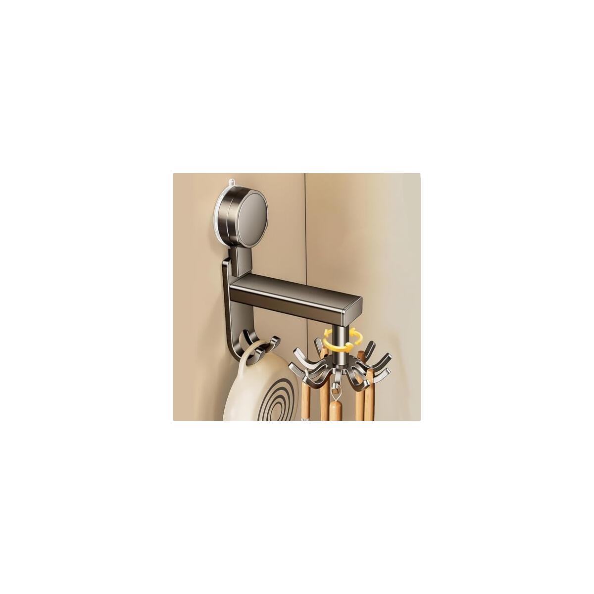 Under Cabinet Suction Cup Hook with 10-Hook Rotating Utensil Hanger | 360&deg; Free Rotation, Drill-Free Mounting, Glide Rail System, Space Aluminum & Steel, Multi-Surface Compatible