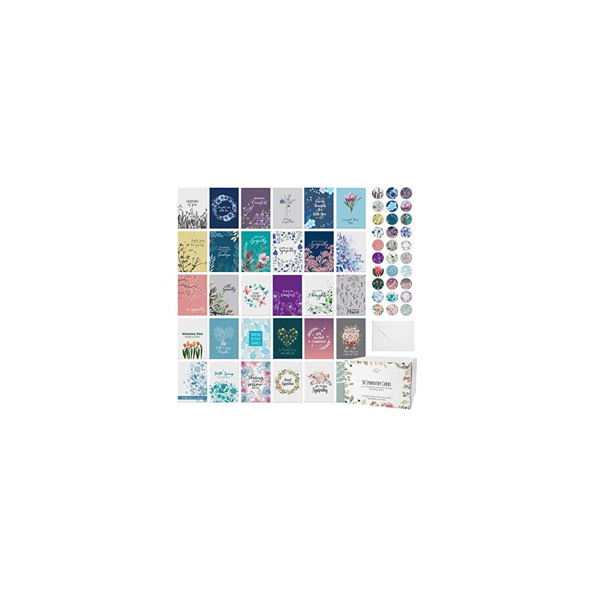 Dessie 30 Unique Sympathy Cards With Greetings Inside. 30 Different, Large Greeting Cards With Envelopes and Matching Sealing Stickers. Includes Sturdy Storage Box.