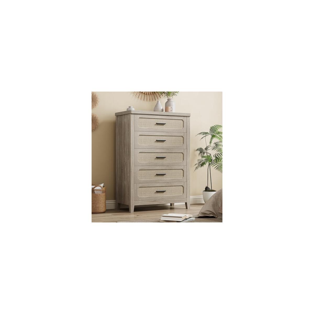 Rattan 5 Drawer Dresser for Bedroom, 44'' Tall Chest of Drawers with Metal Handles, Boho Dresser TV Stand, Wood Closet Dresser for Bedroom, Living Room, Grey Oak