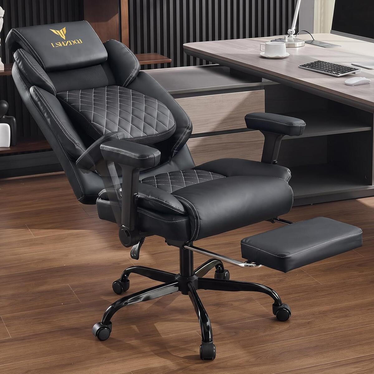 Big Tall Office Chair with Footrest, PU Leather Executive Desk Chair Black