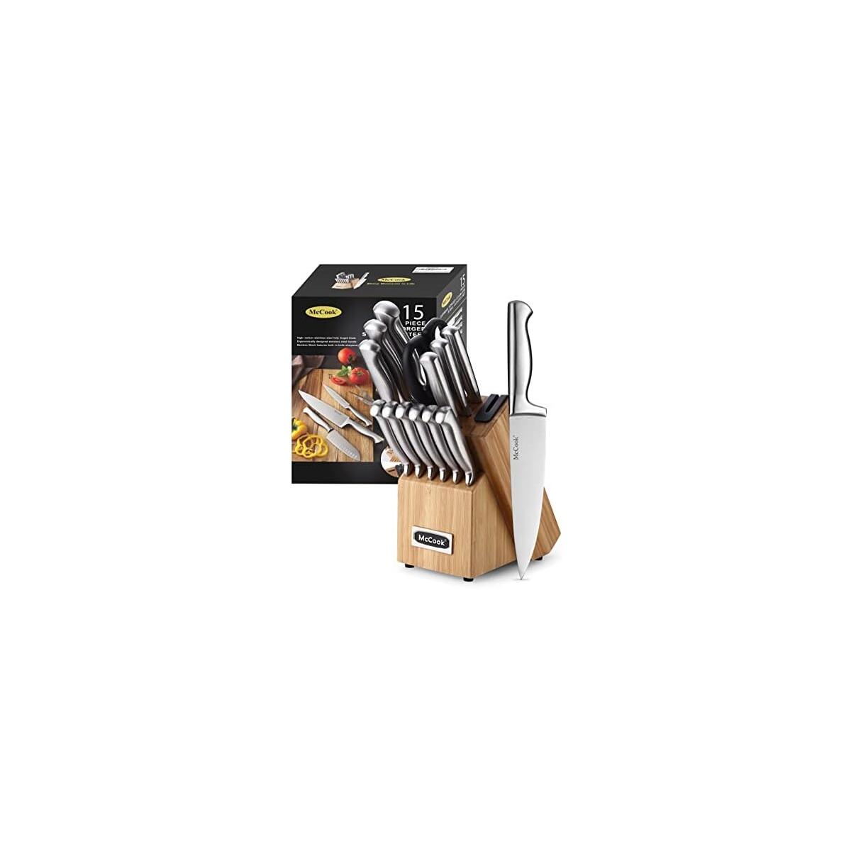 PRIME DAY DEAL! McCook&reg; Knife Sets,German Stainless Steel Knife Block Sets with Built-in Sharpener, 15 Piece Chef Knife and More, Razor Sharp, Restaurant Grade, Anti-Rust, Elegant Box for Gift