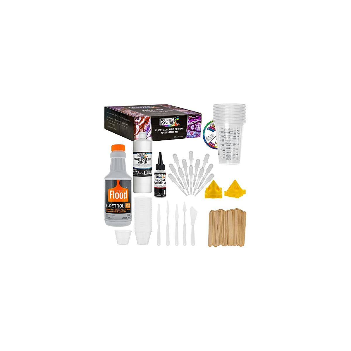 U.S. Art Supply - 1 Quart Floetrol Additive Pouring Supply Paint Medium Deluxe Kit for Mixing, Epoxy, Resin - Silicone Oil,1 and 10 Ounce Plastic Cups, Mini Painting Stands, Sticks, Pallete Knifes