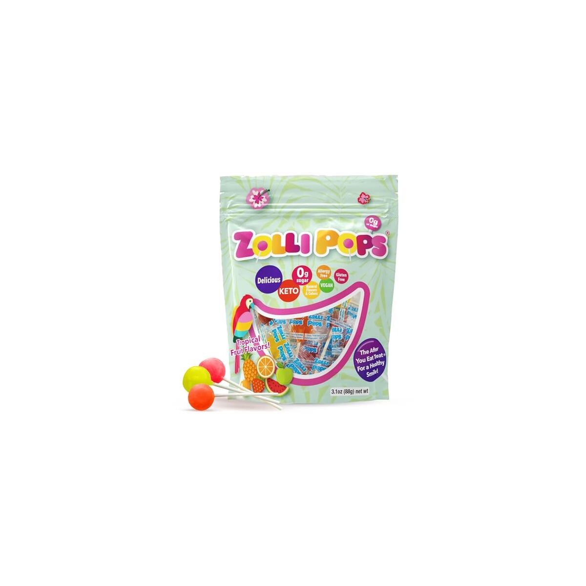 Zollipops Clean Teeth Pops Sugar Free Candy with Xylitol, Dye-Free Lollipops - Keto & Diabetic-Friendly, Dentist-Approved Treats for Kids ( Tropical Fruit 3.1 oz)