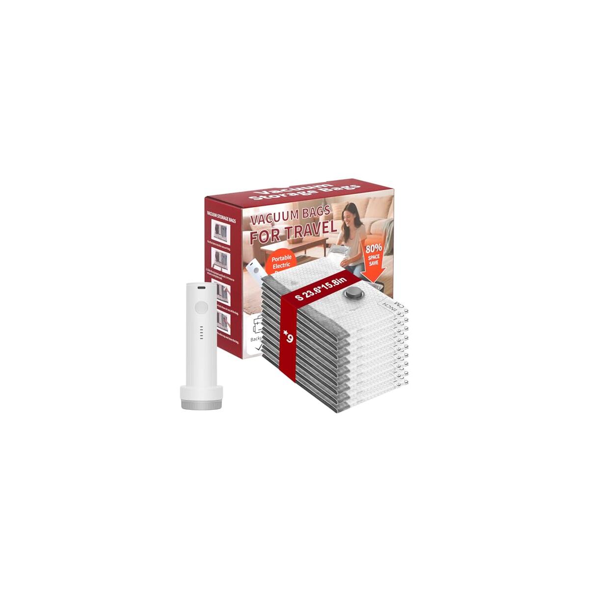 Vacuum Storage Bags wuth Portable Electric Pump,23.6 * 15.7in,Space Saver Sealer Bags, Airtight Compression Bags for Clothes, Pillows, Comforters, Blankets, Bedding (9 Pack)