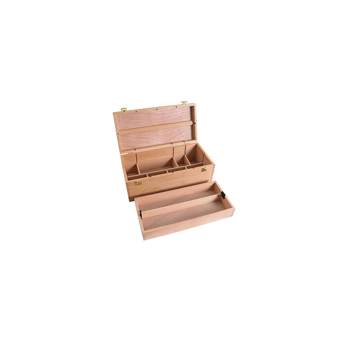 U.S. Art Supply Multi-Function Artist Supply Box with Locking Clasps & Removable Tray - Wooden Art Box for Artist Supplies, Brushes, Pencils, Erasers, Tool Storage Organizer Case