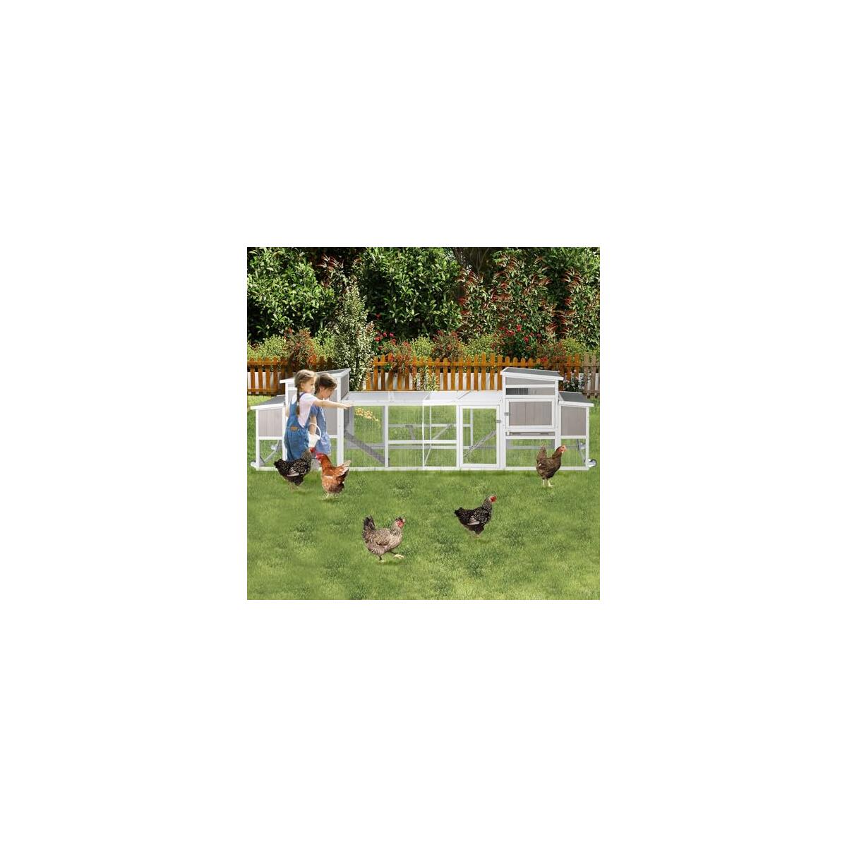 PetsCosset 157.4"L Chicken Coop with Wheels, Large Wooden Chicken House with Run, Backyard Hen House Poultry Cage for 2-6 Chickens Rabbit and Small Animal, Nesting Box, Tray, 6 Perches, Set of 2, Grey