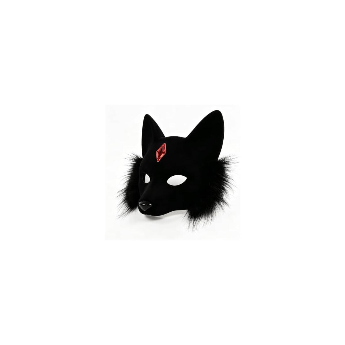 Black Plush Fox Half Face Mask with Red Gem, 18x17cm | 3D Contour Design, Adjustable Elastic Strap, Faux Fur Trim, Handcrafted Detail, Halloween & Cosplay
