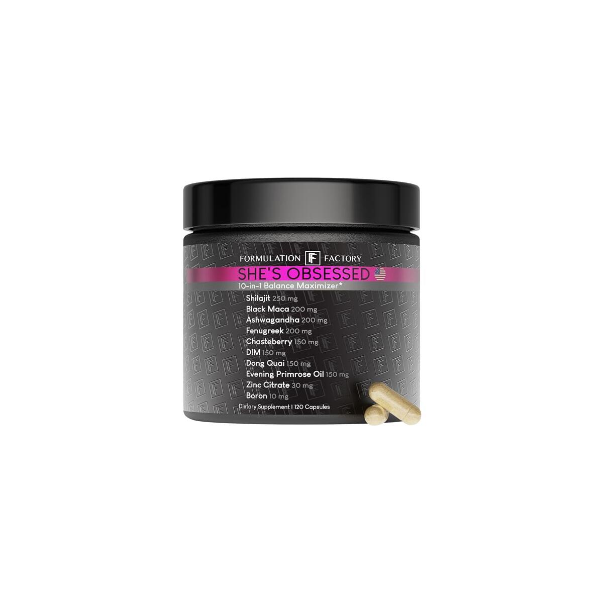 Formulation Factory She's Obsessed: 10-in-1 Hormone Balance Maximizer with Shilajit, Maca, Ashwagandha, DIM, Dong Quai, Zinc & More for Vitality & Balance &ndash; 120 Capsules 2 Months