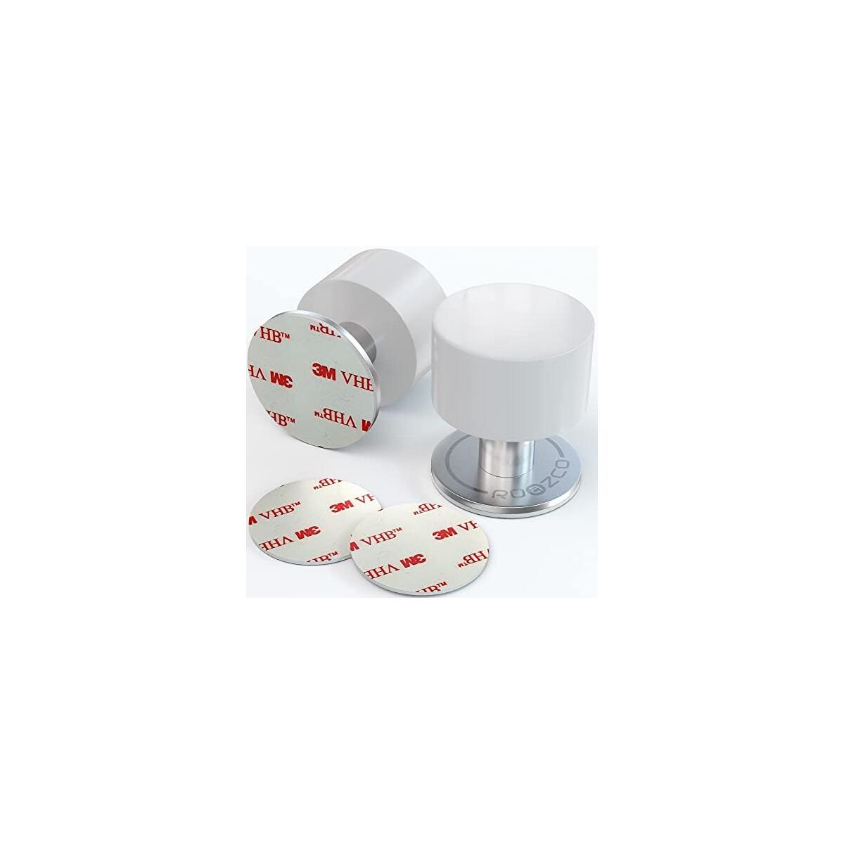 Door Stoppers 2-Pack with Extra Stickers - Two Self-Adhesive White Rubber Door Stops - Heavy Duty Stainless Steel Body with Sound Dampening Bumper Top - Ideal for Home and Office Use